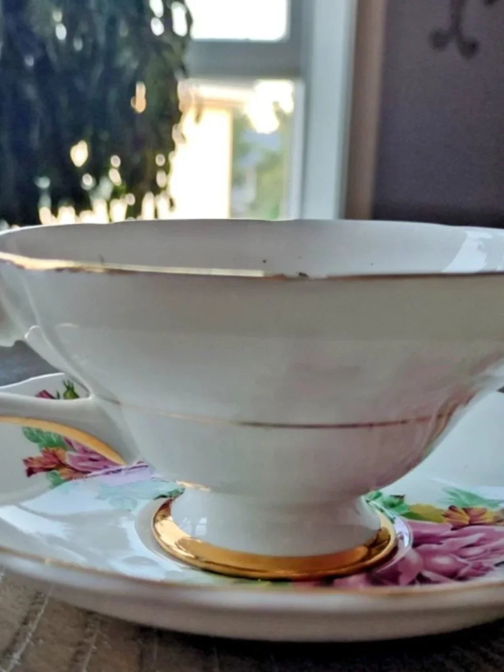 Vintage Crownford Teacup & Saucer Pink-Yellow Flowers + Gilt Scalloped Edges